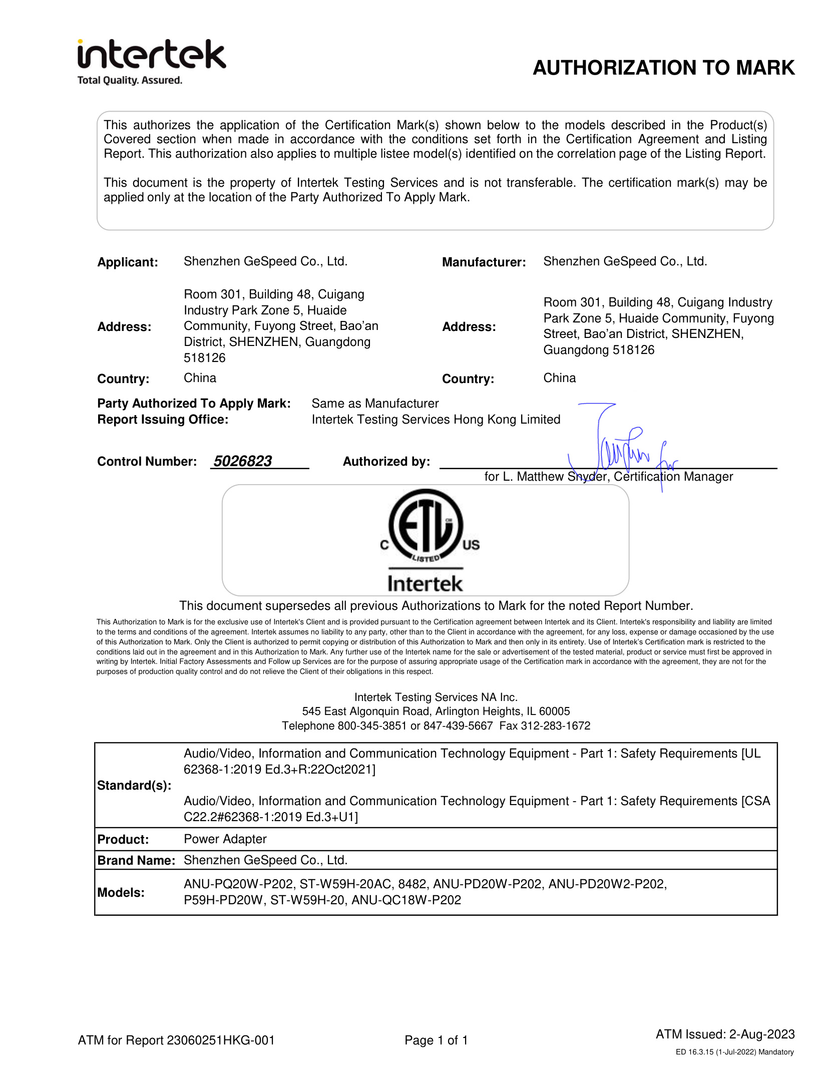 ETL Certificate 20W